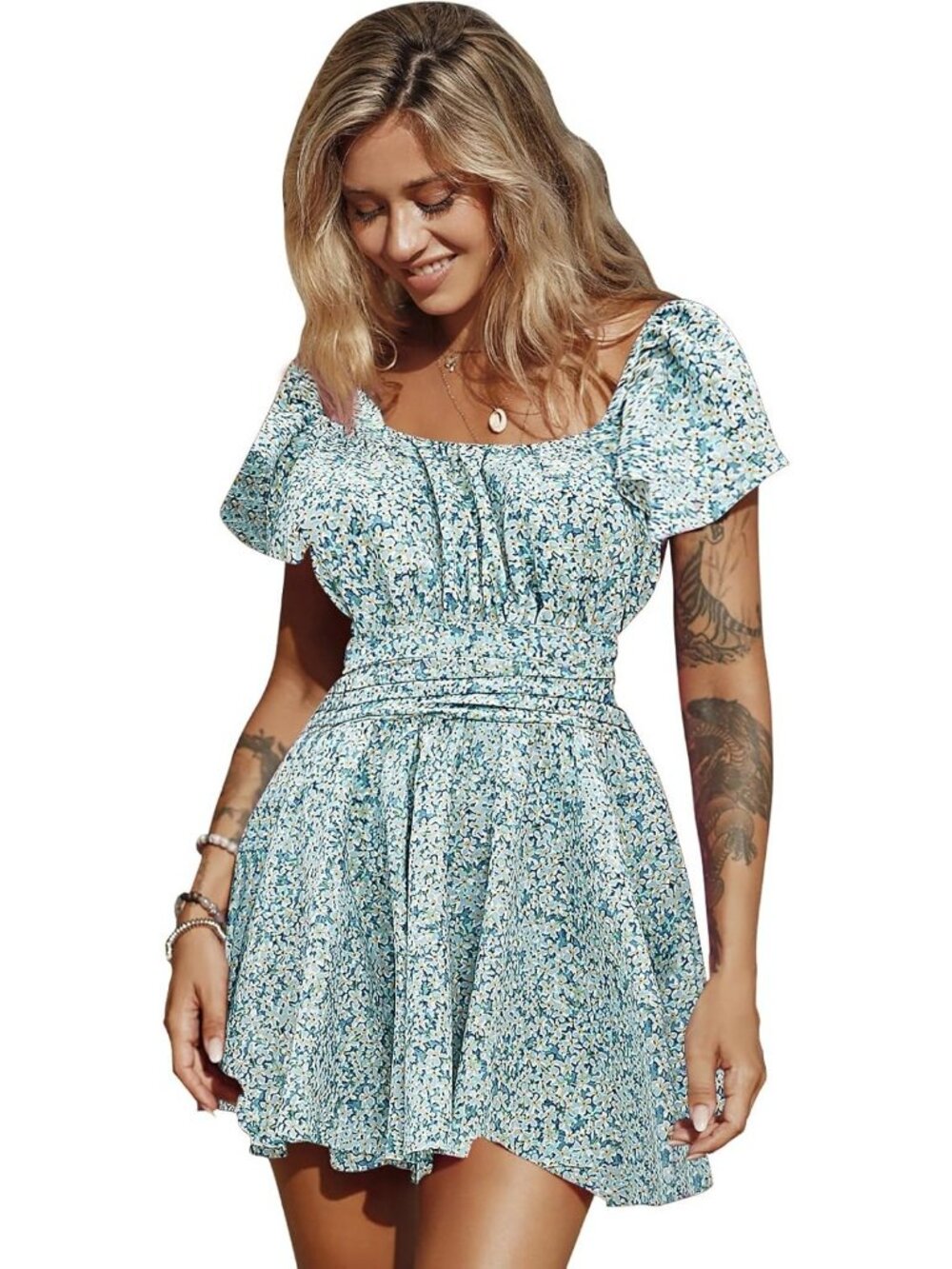 Women's Blue Green Ruffle Short Sleeve Tie Back Square Neck Polyester Romper
